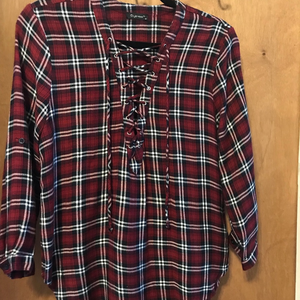 Red Plaid Lace Up Top